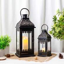 Set Of 2 Decorative Candle Lanterns Vintage Hanging Lantern Metal Candle Holder For Garden Living Room Indoor Outdoor Parties Weddings Balcony - Black - View 5