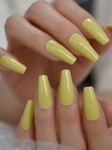 24pcs Glossy Solid Color Medium Coffin Ballet Fingernails Press On Nails Fake Nails Art For Outdoor Travel With Tools Bag