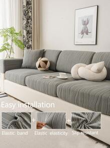 1pc 4-Season Stretch Sofa Cover, Striped Non-Slip Full Wrap Fabric Thick Sofa Cushion Slipcover, Machine Washable Dust-Proof & Dirt-Resistant, Pet Friendly For L-Shape And 1/2/3/4-Seat Sofas In Bedroom & Living Room