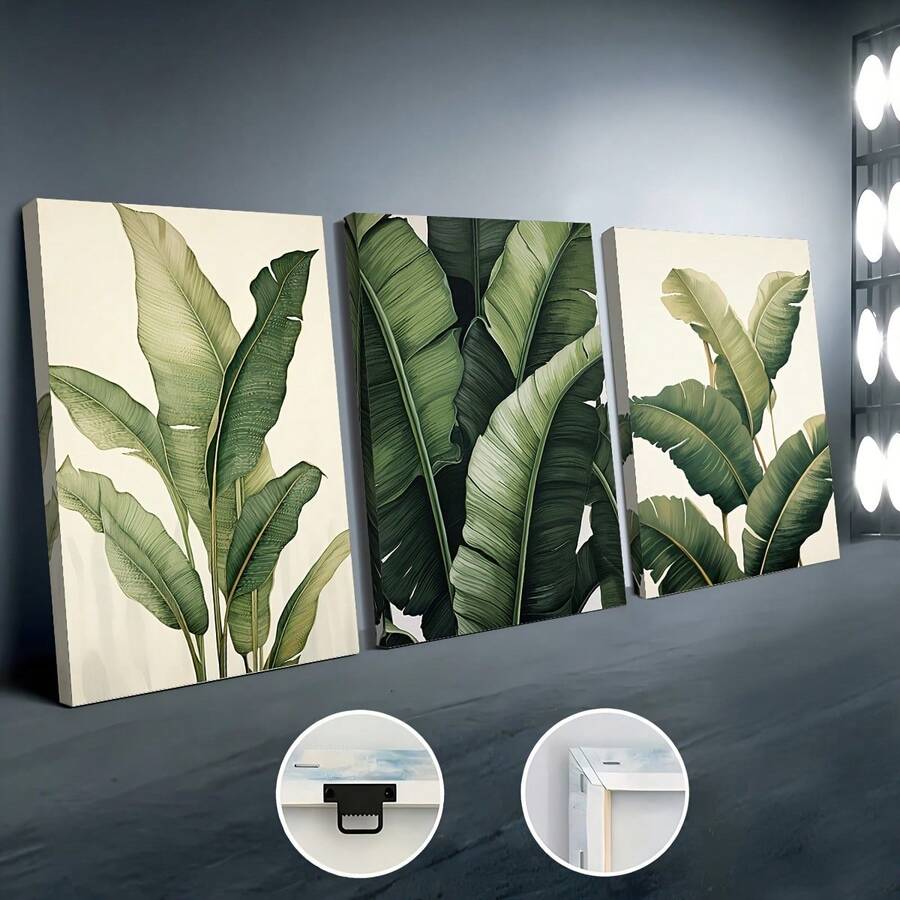 [可直接悬挂植物叶子画] 3 幅带框帆布画和海报，可直接悬挂，热带植物叶子景观装饰，家居装饰，墙壁艺术，房间装饰，理想礼物，客厅，卧室，餐厅，办公室装饰挂画 [] - 彩色 - 查看 1
