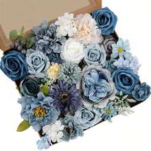 1 Set Artificial Flowers Dusty Blue And White Roses Combo Box Set Flowers For DIY Wedding Bouquet Arrangements Bridal Shower Party Home Decorations - Xanh và trắng - Xem 1