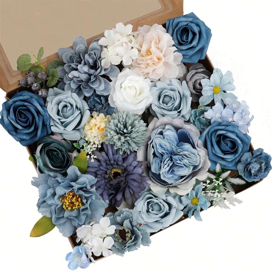 1 Set Artificial Flowers Dusty Blue And White Roses Combo Box Set Flowers For DIY Wedding Bouquet Arrangements Bridal Shower Party Home Decorations - Xanh và trắng - Xem 1