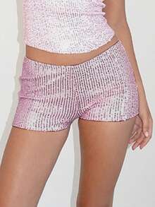 Women's Summer Low Rise Shorts Elastic Waistband Streetwear Sequins Hot Shorts - Hồng - Xem 3