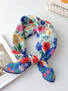 1pc Bohemian Women Small Silk Scarf, Square Scarf, Head Scarf, European & American Floral Print Linen Neckerchief, Bandana, Triangular Scarf For Summer Beach For Dress