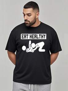 Eat Healthy Motif T-Shirt Plus Size 100% Soft Comfortable Thick Cotton 220g (S - 5XL) - Black - View 1