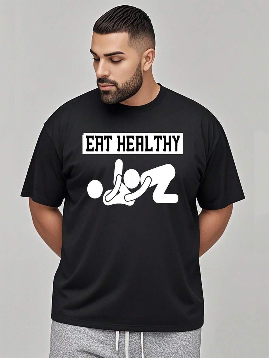 Eat Healthy Motif T-Shirt Plus Size 100% Soft Comfortable Thick Cotton 220g (S - 5XL) - Black - View 1