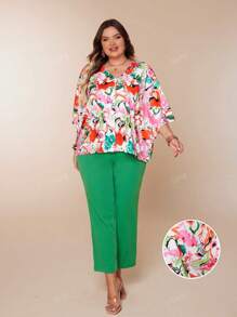 Loose Batwing Sleeve Floral Print Shirt For Women, Pink Single-Breasted V-Neck Half Sleeve Elegant Plus Size Blouse, Vacation Summer Wear