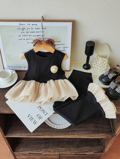 Conjunto de 2 peças de roupa feminina com estampa de cisne preto: blusa com babados e calça larga, verão