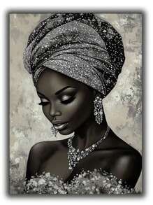 Silvery Black Jewelry African Women Diy Full Round Diamond Painting Kit Mosaic Cartoon Art Full Drill Diamonds Embroidery Craft,Lady Room Decor,Frameless