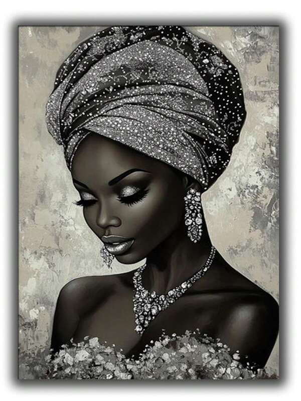 Kit de Pintura Diamantada Africana Preto Prateado para Mulheres, Mosaico de Arte Cartoon, Bordado Completo de Diamantes, Decoração de Quarto Feminino, Sem Moldura
