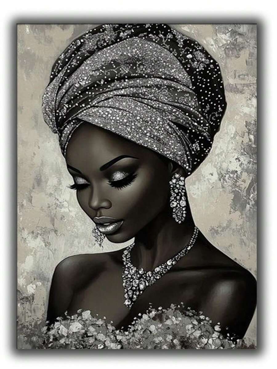 Silvery Black Jewelry African Women Diy Full Round Diamond Painting Kit Mosaic Cartoon Art Full Drill Diamonds Embroidery Craft,Lady Room Decor,Frameless