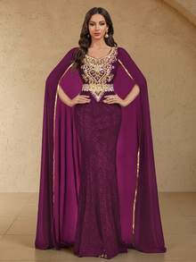 MIUSOL Robe de soirée maxi élégante à manches longues en dentelle florale et mousseline de contraste. Tenue de cérémonie, de gala, pour les invités de mariage