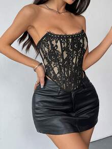 优雅花卉印花蕾丝荷叶边露背可爱紧身胸衣上衣 - 合身紧身胸衣关闭按钮 - 黑色 - 查看 5