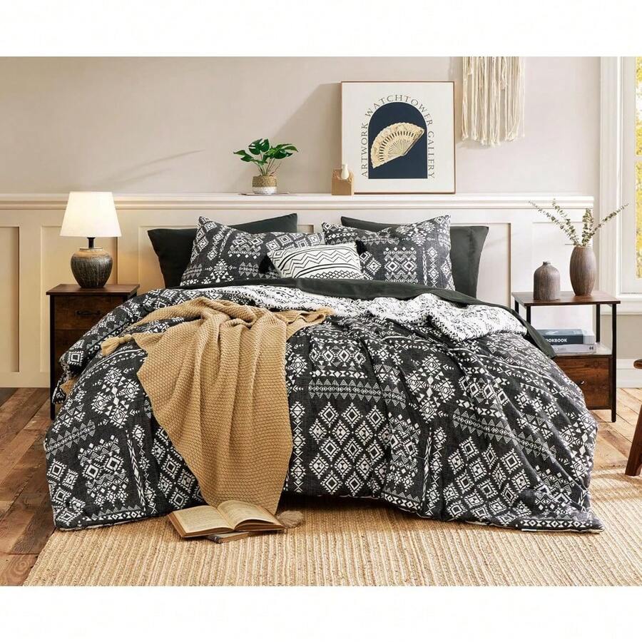 Boho Comforter Set 8 Pieces All Season Reversible Bed In A Bag Lightweight Soft Bedding Breathable Warm Brown 90X90 - 黑與白 - 查看 1