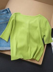 Floral Button Short Sleeve Cardigan Sweater For Women, Avocado Green Round Neck Fitted Elegant Blouse For Summer