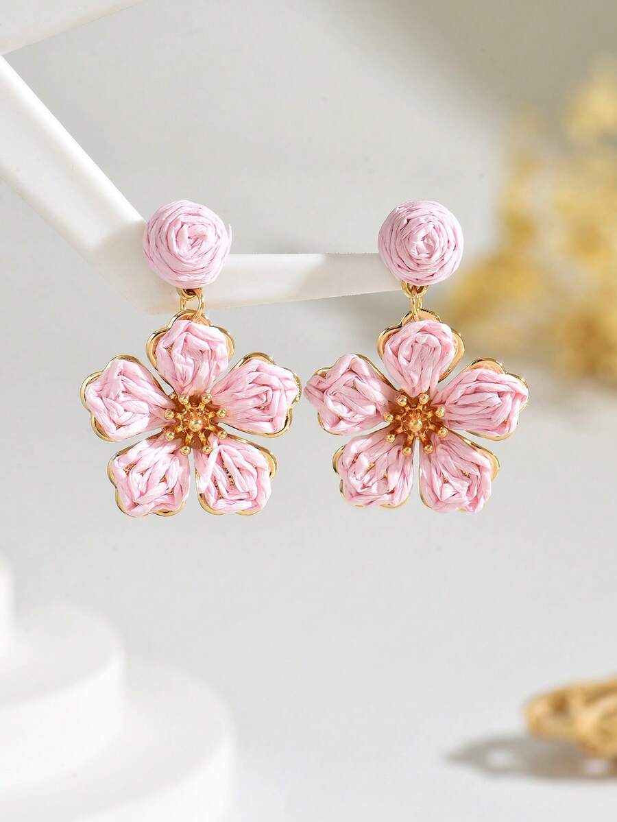 OOQ 1 Pair Handmade Woven Rattan Colorful Floral Boho Style Earrings, Minimalist Design With High-End Floral Tassel, Suitable For Women's Daily, Vacation, Party Wear (Handmade With Minor Imperfections) - Pink - View 1