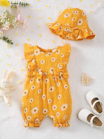 Toddler Girls 2pcs/Set Sleeveless Cute Heart Ruffled Jumpsuit + Hat, Comfortable And Versatile, Spring/Summer