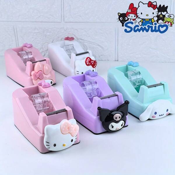 Sanrio 1 pieza Dispensador de cinta de escritorio de color caramelo, cortador de cinta de dibujos animados lindo y antideslizante, soporte de cinta transparente de material ABS resistente, de vuelta a la escuela