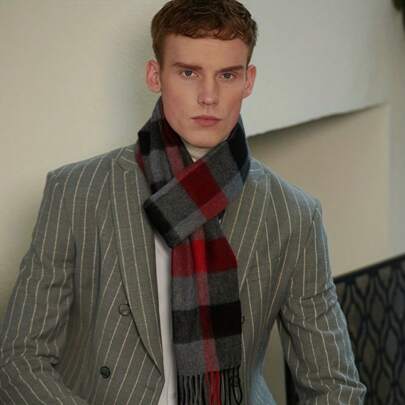 Local Warehouse-  Casual Wear Scarf | Fringe Detail Scarf | Soft Wool Blend Men's Thick Wool Plaid Scarf For Fall And Winter - Soft, Stylish, And Warm