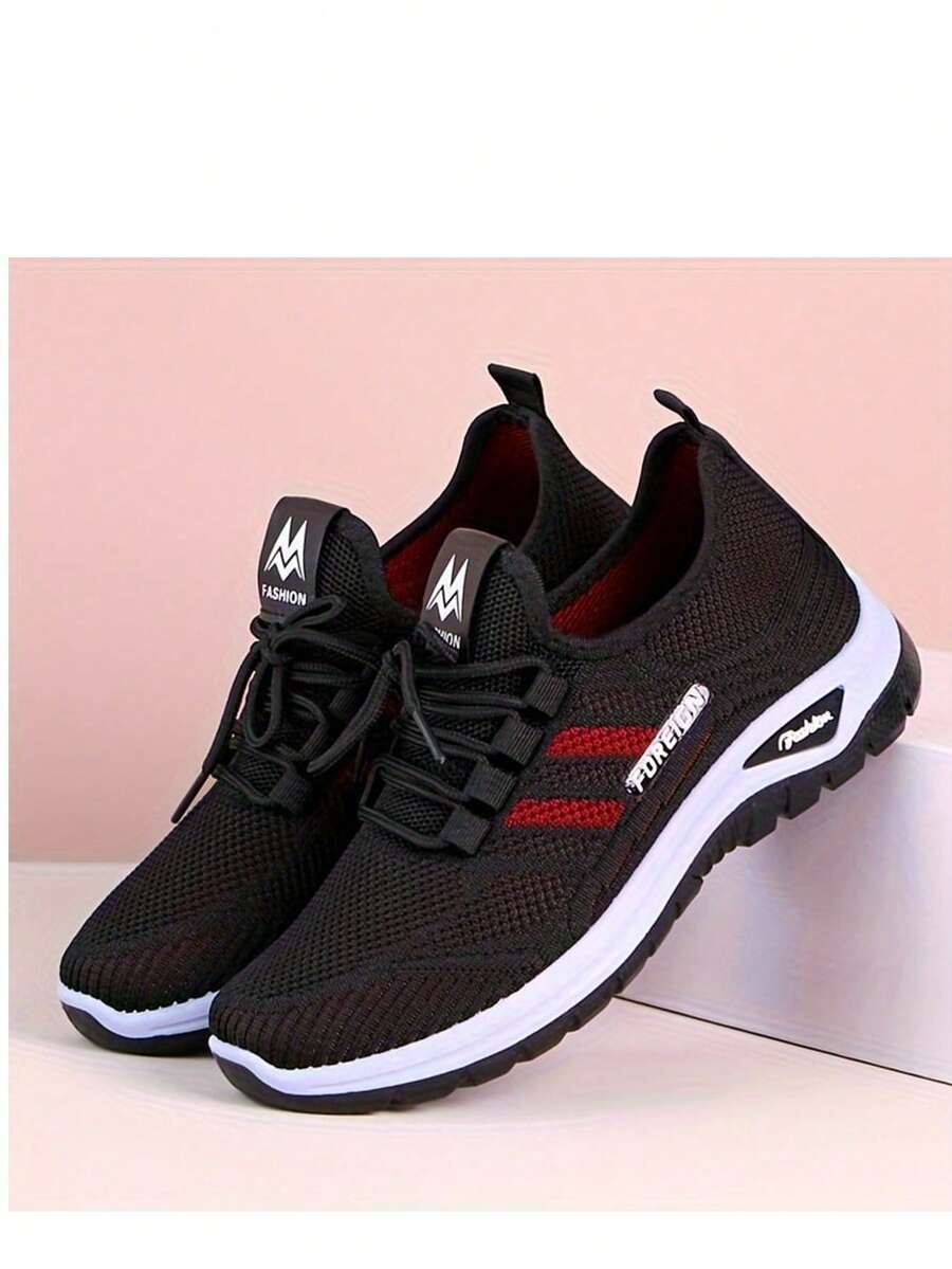 Women's Fashion Breathable Lace-Up Sports Running Shoes, Dual-Color Soles, Easy On/Off, Outdoor Workout & Running - Black - View 1