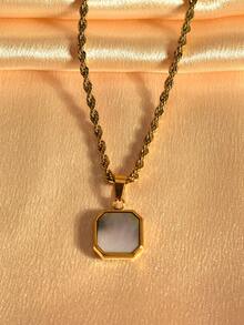 MECYLIFE 1pc Men's Natural Black Shell Square Pendant Necklace With Twisted Rope Chain, Geometric Design - Gold + Black Shell - View 2