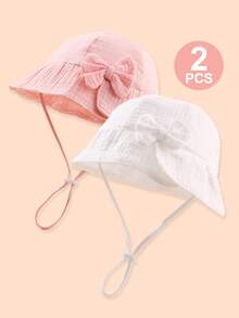 2pcs Unisex Baby Outdoor Sun Protection Cute & Simple Breathable Mesh Bucket Hat - 2pcs Solid Color Bow - View 1