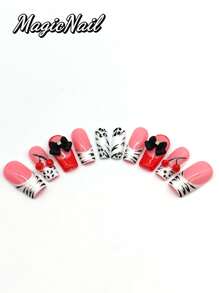 10 Pieces Of Pure Hand-Pressed Wearing Nail, 25mm Square Nail Pieces, Flesh-Colored White Contrast, Flesh-Colored Red Contrast, Hand-Painted Green Lines With Red Rhinestones To Form Cherry Shape, Black Bow Ornaments, Hand-Painted Black Lines, Spots. Spring And Summer Style, Suitable For Daily Leisure Vacations, Wearing During Dances, Banquets, Parties And Other Activities.