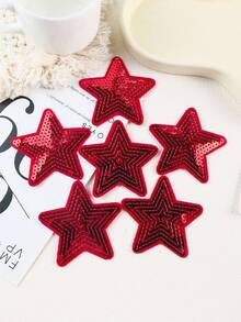 6pcs Red Sequin Five-Pointed Star Pattern Cloth Patches, Cartoon Style Embroidery Sew-On Applique Decals, DIY Craft For Clothes, Shoes, Bags And More - Red - View 2