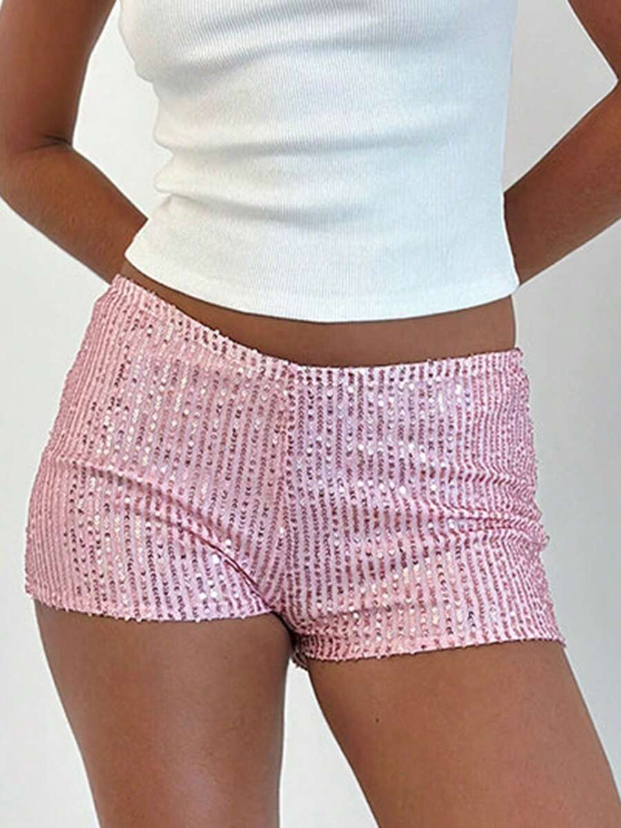 Women's Summer Low Rise Shorts Elastic Waistband Streetwear Sequins Hot Shorts - Hồng - Xem 1