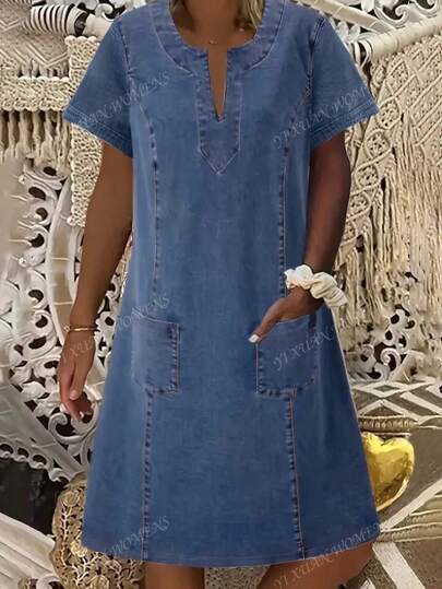Women'S Casual V-Neck Denim Dress With Pockets, Short Sleeve, Blend, Slight Stretch, Solid Color, Woven Fabric, For All-Season