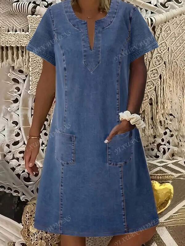 Robe en jean casual avec col en V pour femmes, avec poches, manches courtes, mélange, légèrement extensible, couleur unie, tissu tissé, pour toutes les saisons