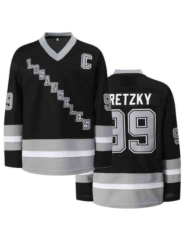 Atonmore Maglia da hockey nera stile boyfriend da uomo n. 99 con ricamo cucito, modello pullover traspirante