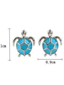 2pcs Copper Blue Oil Drop Sea Turtle Cute Fashionable Stud Earrings For Women