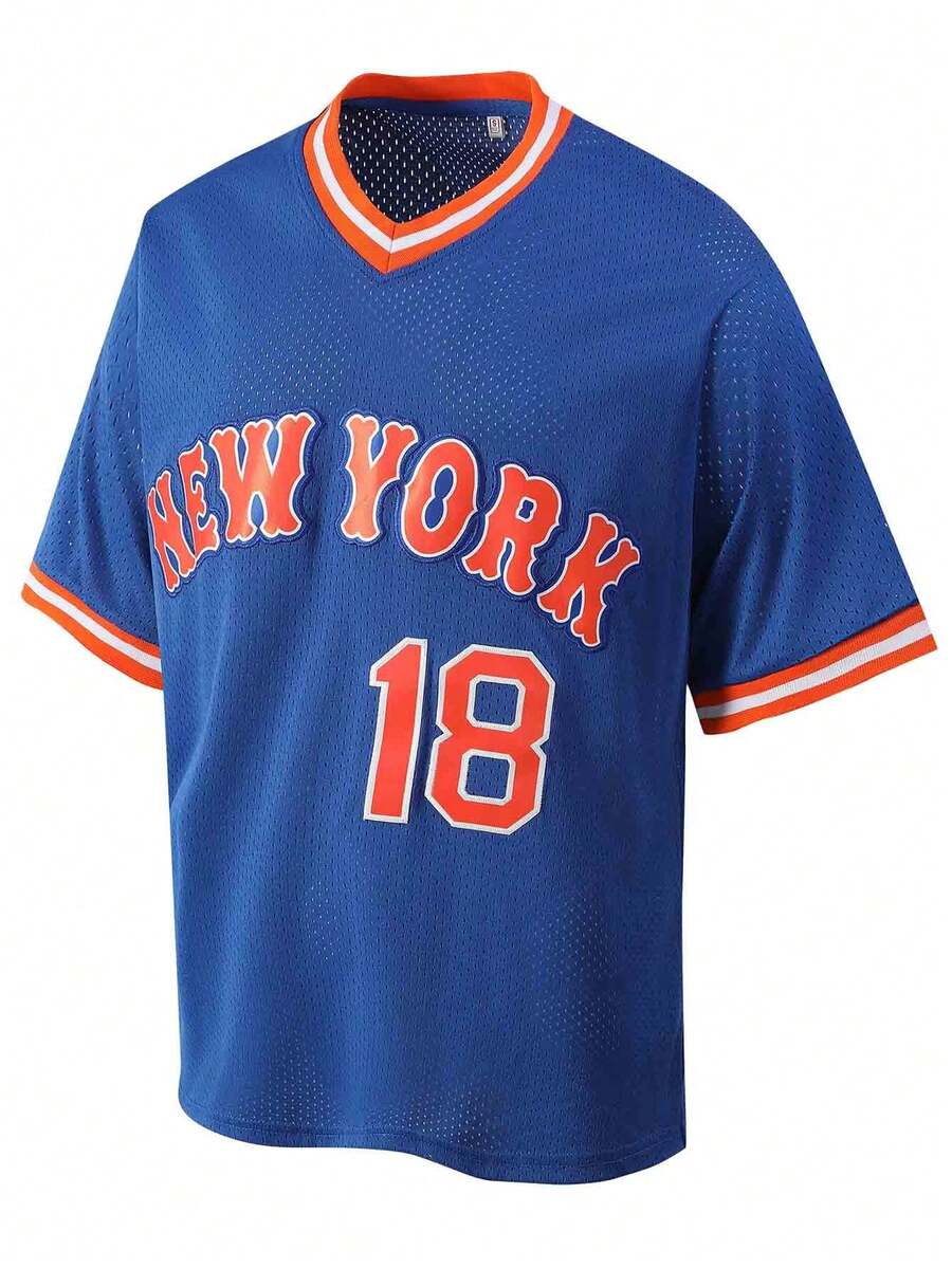 Atonmore 男士 18 蓝色棒球服，经典棒球衫，运动运动衫，纽扣刺绣训练健身服 - 藍色 - 查看 1