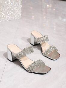 Women's Fashionable Alluring Silver Rhinestone High Heel Sandals, Square Toe Comfortable Vacation & Party Wear Slip-On Mules, Suitable For Dresses In Spring/Summer - Silver - View 7