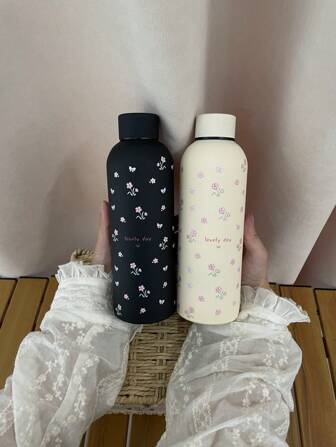 Taza con patrón de flores de acero inoxidable de 500ml/16.9oz, botella de agua aislada portátil con revestimiento de goma, adecuada para uso doméstico y deportes al aire libre, excelente regalo para familiares y amigos para el regreso a la escuela