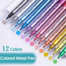 Set de 12 rotuladores metálicos, resistentes al agua y a la decoloración, bolígrafos de pintura de colores para pintar piedras, manualidades, álbumes de fotos DIY, madera, plástico, cerámica, vidrio, metal, piedra, tela, y papel. De vuelta a la escuela