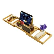 Premium Bamboo Bath Tray Table, stolik do wanny z uchwytem na telefon, wino, rozszerzalna tacka do wanny z 2 przesuwanymi tackami Back To School
