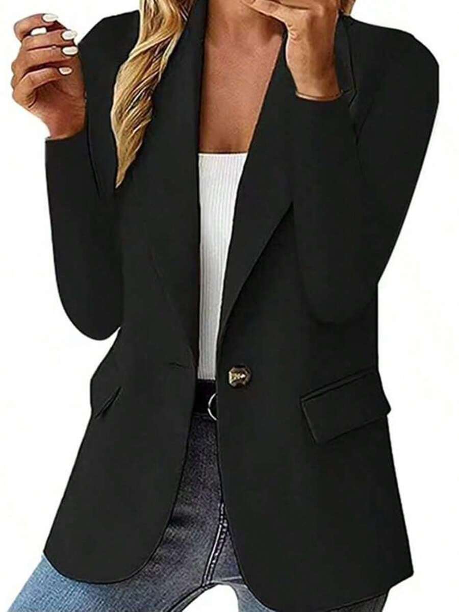 Womens Button Down Blazer Long Sleeve Open Front Jacket Solid Color Office Coat Blazer Daily Streetwear - Black - View 1