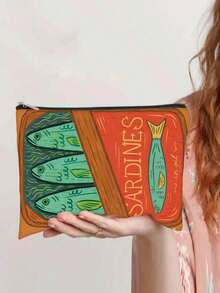 男女通用成人帆布化妆包，防过敏化妆包，时尚沙丁鱼印花拉链化妆包，涤纶双面印花带衬里手提包，送给朋友的圣诞礼物 - 彩色 - 查看 11