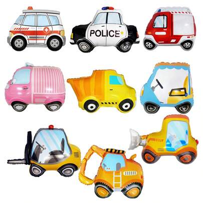 4 件卡通工程车铝箔气球，包括挖掘机、起重机卡车、推土机、叉车，适用于生日派对装饰