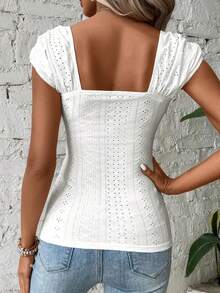 Womens Square Neck Tank Top Eyelet Cap Sleeve Slim Fit Backless Tee Going Out Summer Tops - 白色 - 查看 2