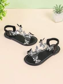 1 Paar Modische Sandalen für Mädchen in Große Größen, Schwarz, mit Glitzer-Strass-Schmetterling-Dekor, elastischem Knöchelriemen, runder Zehenpartie, flache rutschfeste hübsche römische Sandalen, geeignet für Mädchen von 3-15 Jahren für Alltag, Party, Reise, Sommer - Schwarz - Übersicht 4