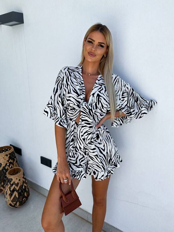 Summer Vacation Casual V-Neck Printed Short Sleeve Wide Leg Jumpsuit