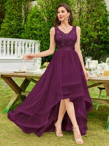MIUSOL Elegant Women's Maroon Sequin Floral Lace V-Neck Sleeveless Mesh Swing Maxi Dress With Layered Ruffle High Low Hem, For Formal Wedding Guest, Prom, Graduation, Evening Party, Dinner - 紫紅色 - 查看 3
