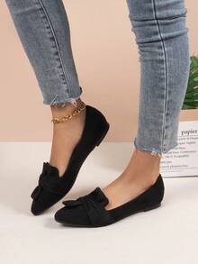 Women's Velvet Bow Detail Flat Shoes - Comfortable Slip-On Ballet Flats, Casual Elegant Loafers For Daily Wear - 黑色 - 查看 4