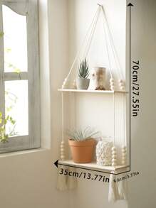 1 pièce d'étagère murale de style bohème tressée à la main - étagère murale flottante en bois avec perles en bois, convient pour la décoration de style ferme, étagère suspendue vintage pour la chambre, le salon, la chambre d'enfant, pour tenir des plantes en pot, vases, cristaux, quartz, décorations