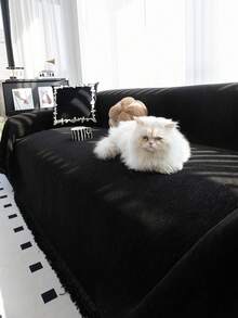 1pc Modern Soft Tassel Sofa Cover, Machine Washable, Pet Friendly, Black Sofa Throw Blanket, Dust-Proof Furniture Slipcover, Suitable For Armchair, Sectional Sofa, Home And Office Decor - Black - View 4