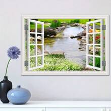 1pc 3D Natural Lake Scenery Fake Window Wall Sticker, Snowy Mountain Lake And Stream Outdoor View Wall Decal For Living Room, Bedroom, Dining Room, Removable And Reusable Wall Art, 29.53 Inch * 19.69 Inch Room Decor Home Decor Stickers Wall Decor Wall Stickers