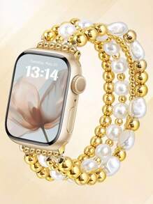 Pulseira de relógio feminina, pulseira de relógio com contas de pérola douradas, compatível com 38/40/41/42/44/45/46/49 mm, compatível com Ultra/Se/10/9/8/7/6/5/4/3/2/1, feita à mão, pulseira elástica leve, estilo retrô, adequada para uso diário e como presente de aniversário, pulseira de relógio